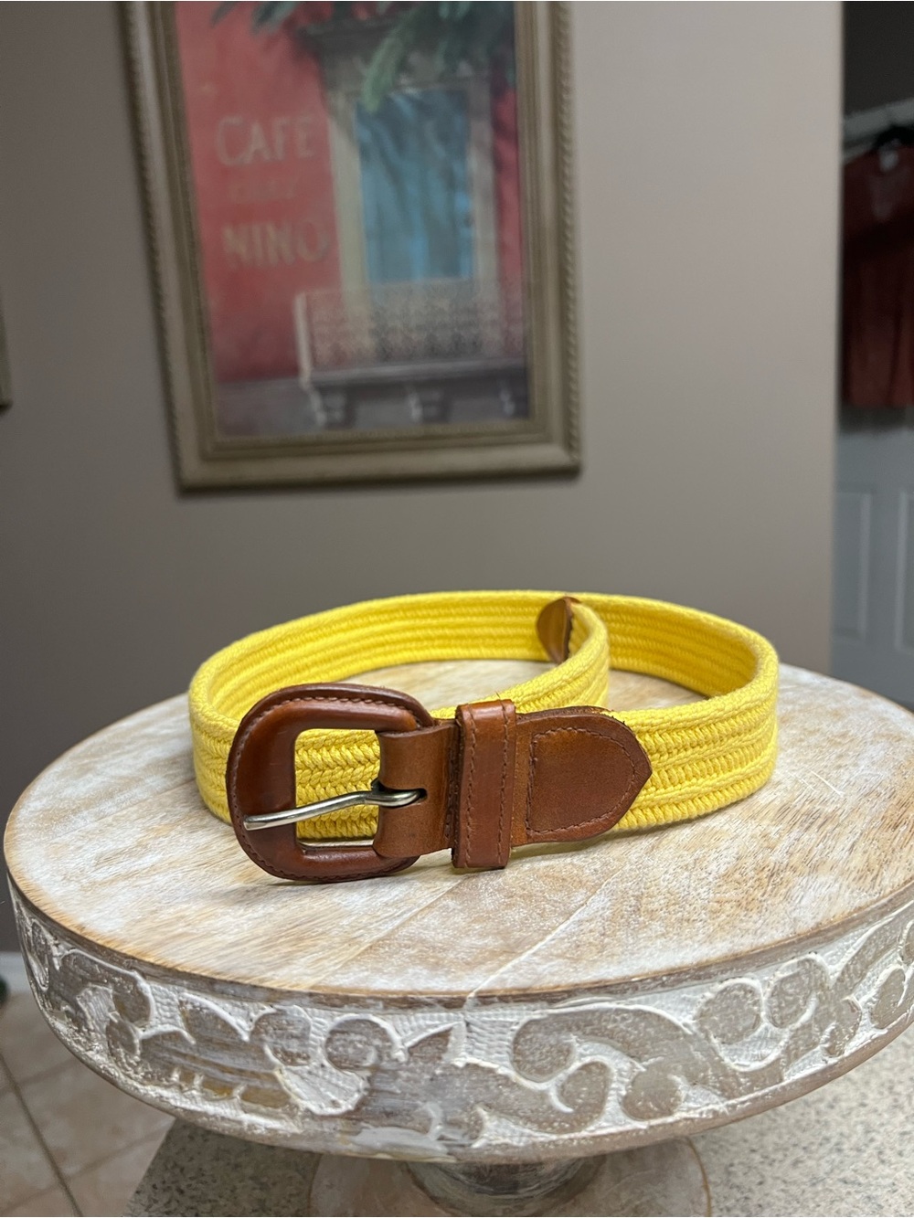 Talbots Bright Yellow Woven Belt with Brown Leather Buckle